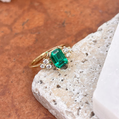 14KT Yellow Gold Lab Emerald-Cut Emerald + Round Diamond Accent Ring