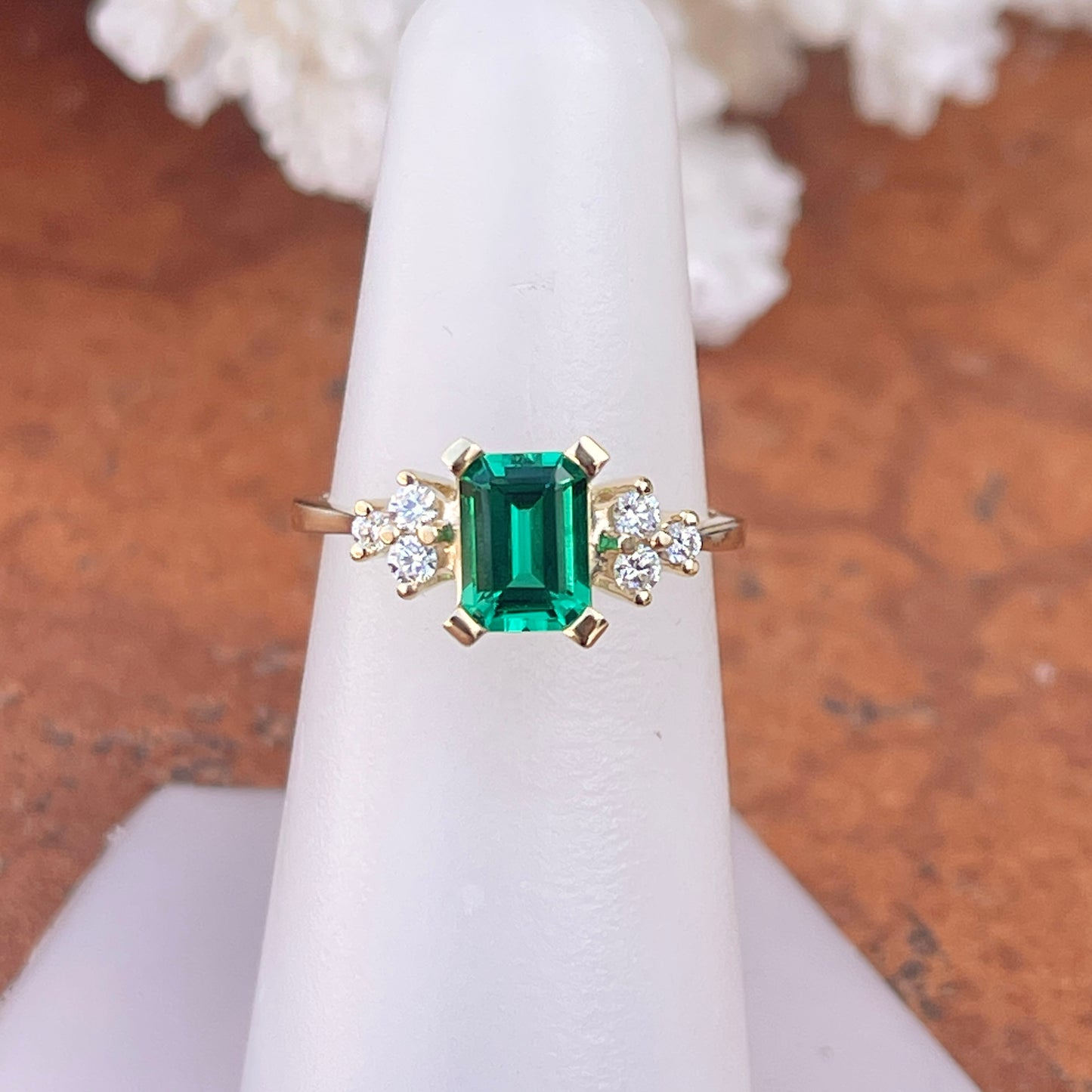 14KT Yellow Gold Lab Emerald-Cut Emerald + Round Diamond Accent Ring