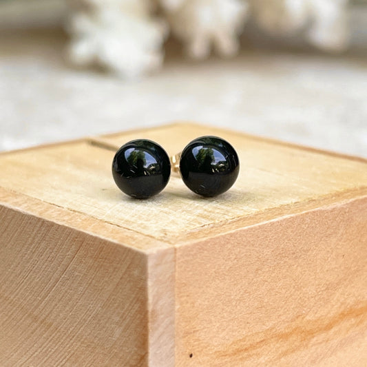 14KT Yellow Gold 6mm Black Onyx Round Ball Stud Earrings