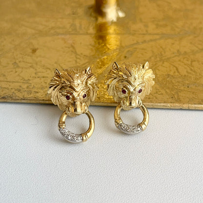 Estate 14KT Yellow Gold Ruby Eye Lion + Pave Diamond Omega Back Earringsk