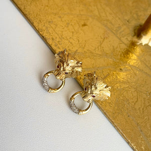 Estate 14KT Yellow Gold Ruby Eye Lion + Pave Diamond Omega Back Earrings