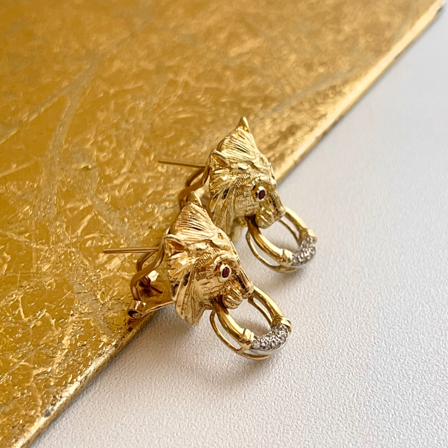Estate 14KT Yellow Gold Ruby Eye Lion + Pave Diamond Omega Back Earringsk