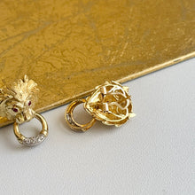 Load image into Gallery viewer, Estate 14KT Yellow Gold Ruby Eye Lion + Pave Diamond Omega Back Earrings