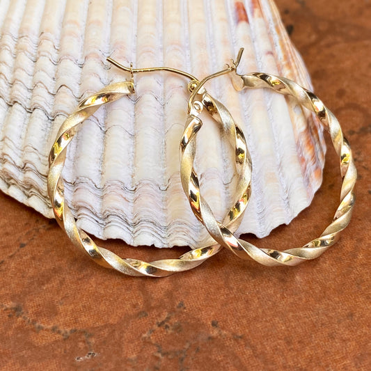 10KT Yellow Gold Polished + Satin Twisted Hoop Earrings 30mm