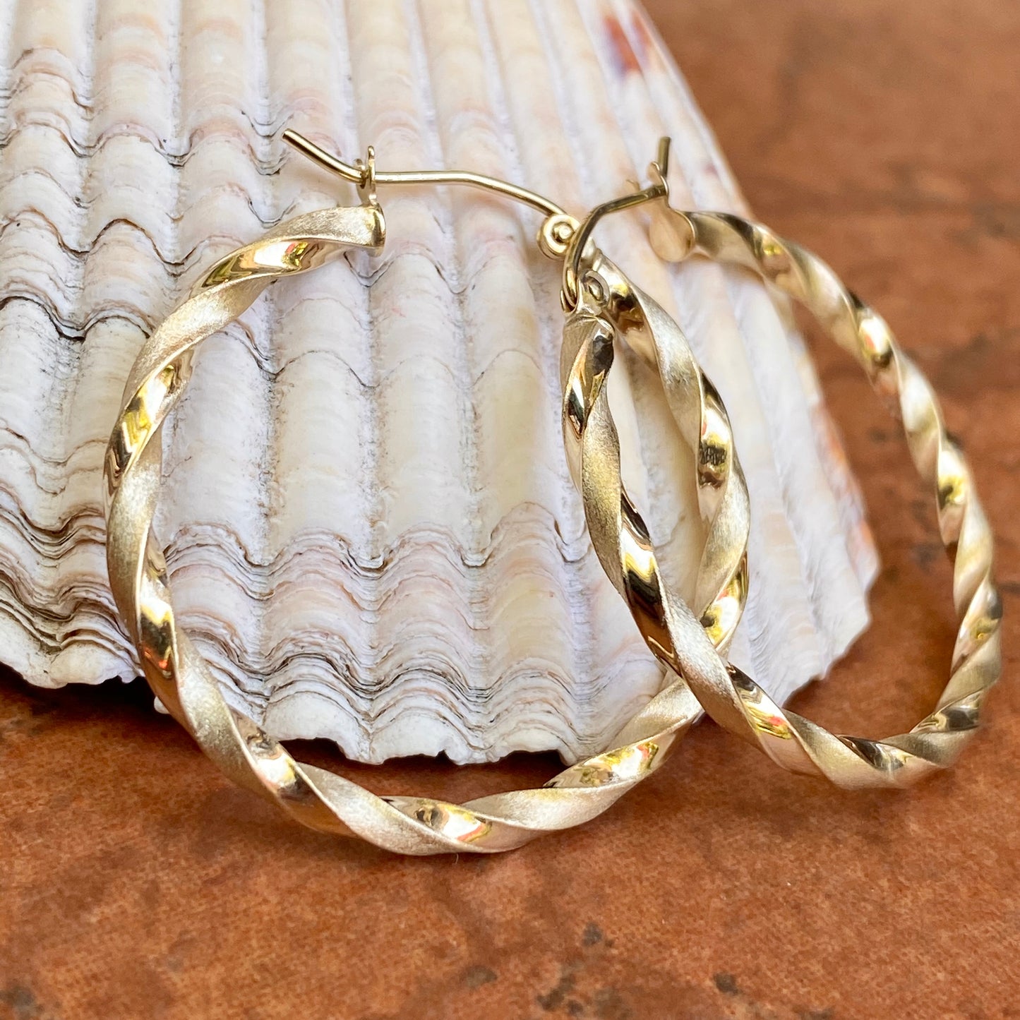 10KT Yellow Gold Polished + Satin Twisted Hoop Earrings 30mm
