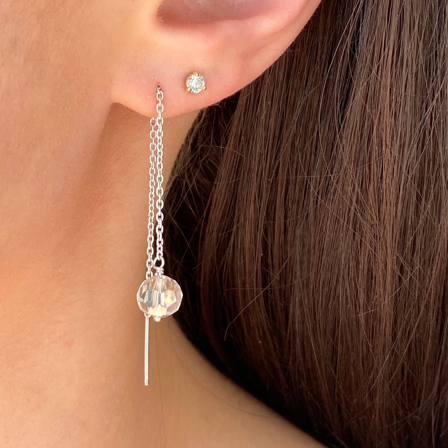 Sterling Silver Threader Chain Clear Crystal Ball Ear Wire Earrings