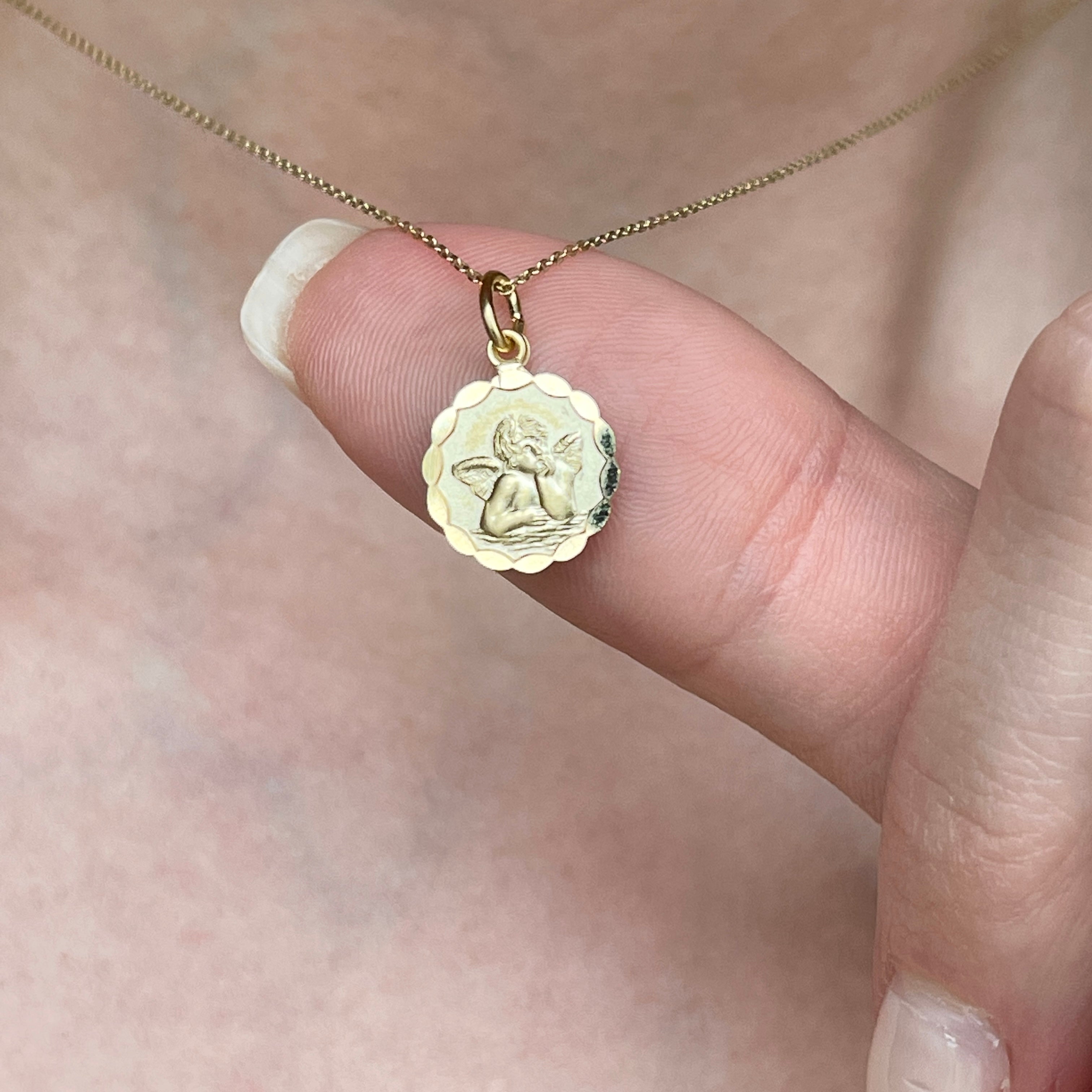 14KT Yellow Gold 12mm Cherub Angel Medal Pendant Chain Necklace – LSJ