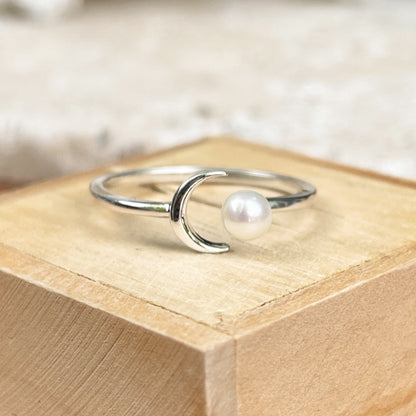 Sterling Silver Freshwater Pearl Crescent Moon Open Ring