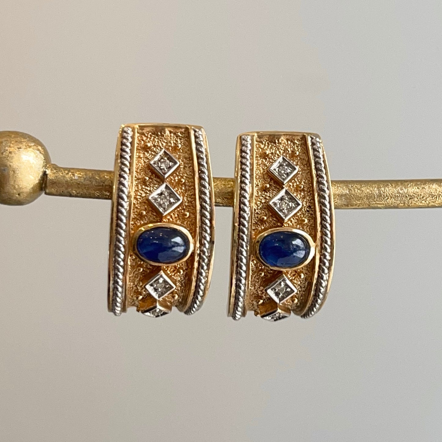Estate 14KT Yellow Gold Byzantine Blue Sapphire + Diamond Omega Back Earrings