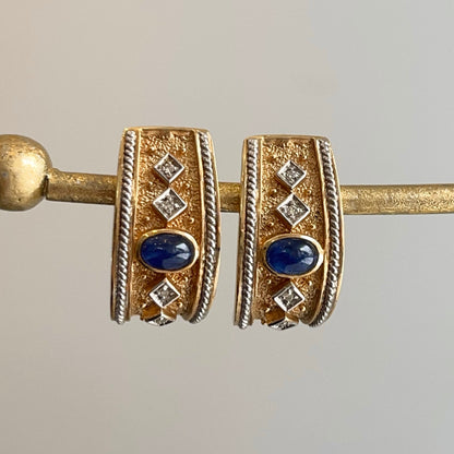 Estate 14KT Yellow Gold Byzantine Blue Sapphire + Diamond Omega Back Earrings