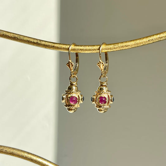 Estate 14KT Yellow Gold Ornate Ruby + Emerald Charm Lever Back Earrings