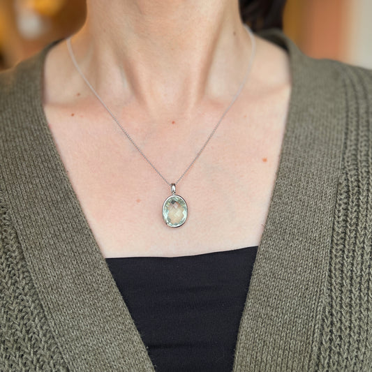 Estate 14KT White Gold Oval Checkerboard Bezel Green Amethyst Pendant - LSJ