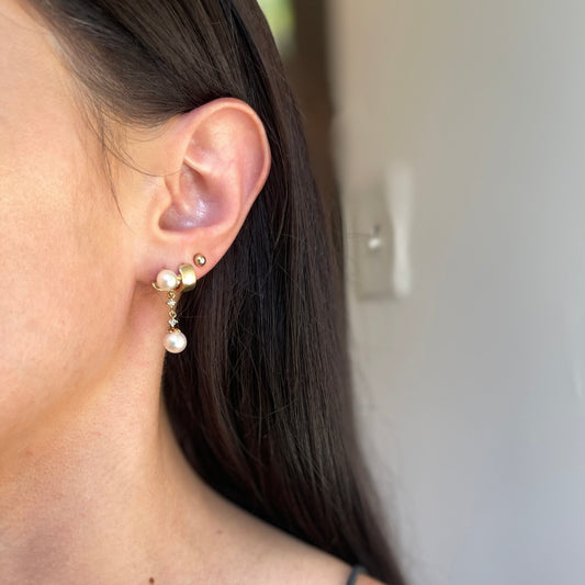 Estate 14KT Yellow Gold Cultured White Pearl + Diamond Dangle Earrings - LSJ