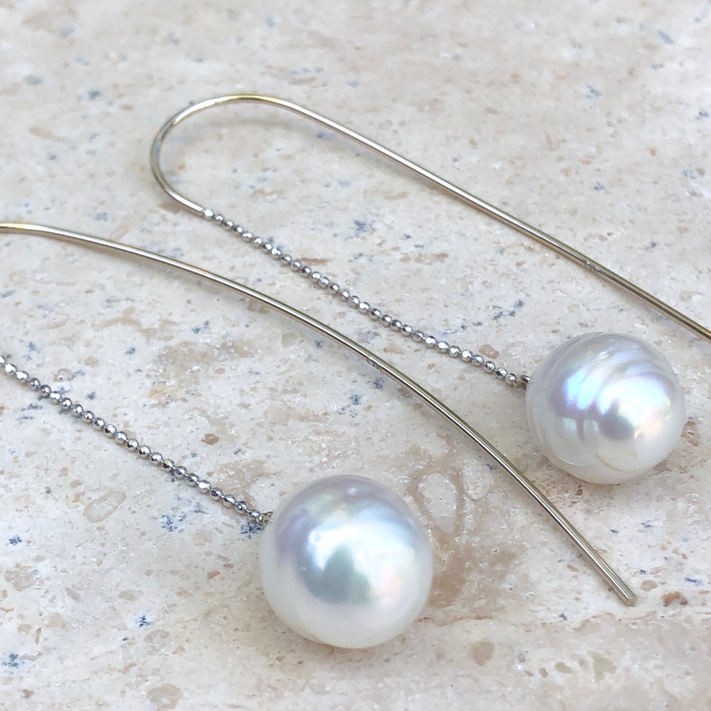 14KT White Gold Paspaley South Sea Pearl Long Chain Wire Threader Earrings - Legacy Saint Jewelry