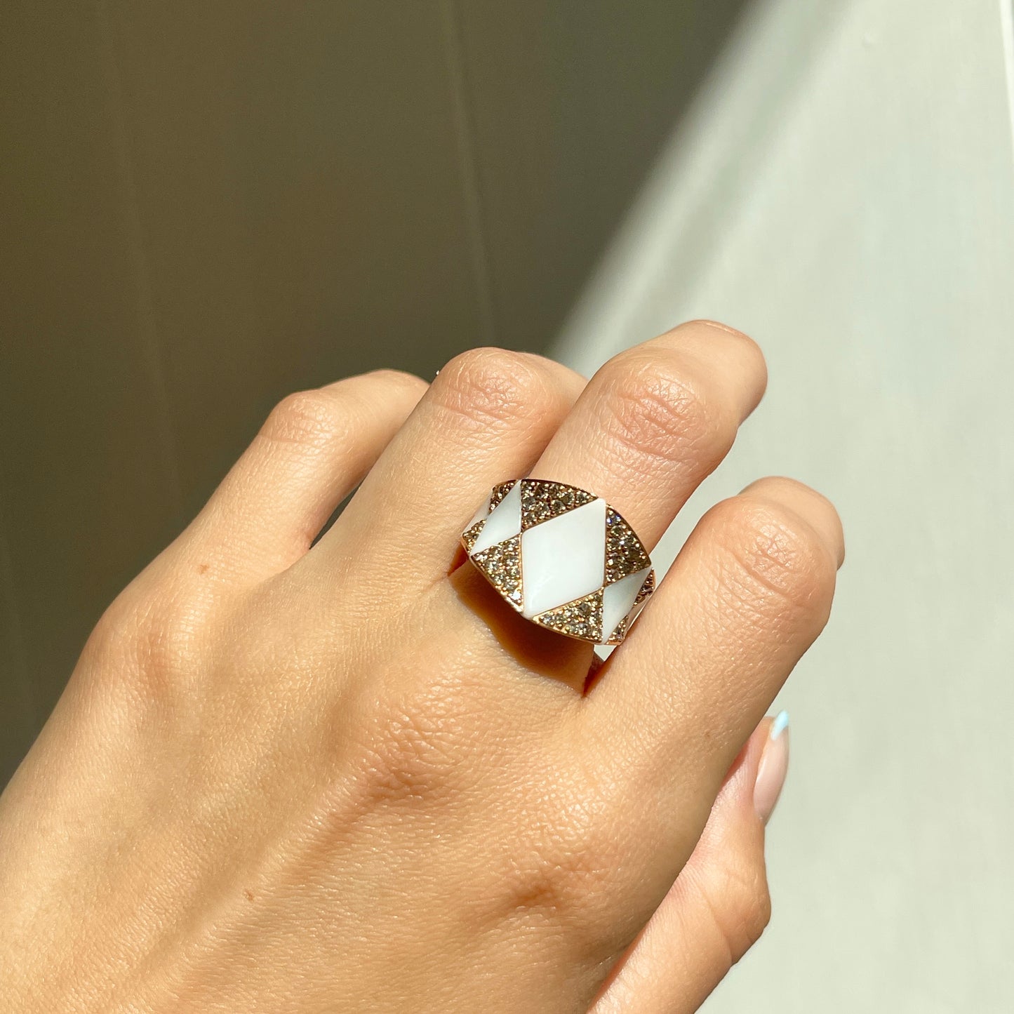 Estate 18KT Rose Gold + White Ceramic Pave Diamond Aura Ring