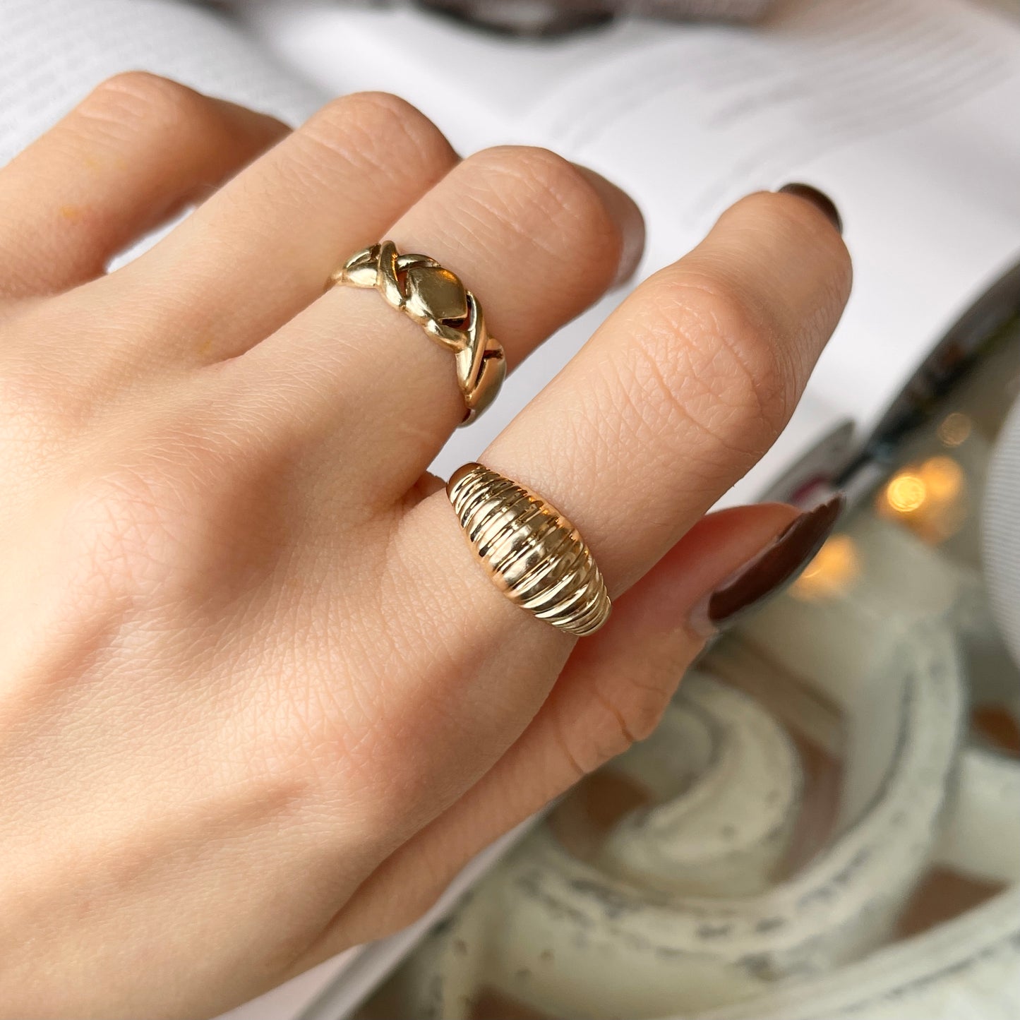 14KT Yellow Gold 9mm Domed Croissant Ribbed Ring
