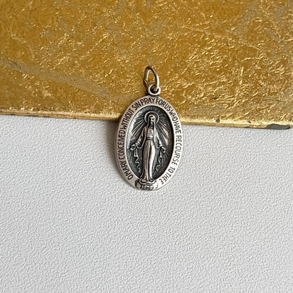 Sterling Silver Antiqued Oval Miraculous Medal Pendant 19mm