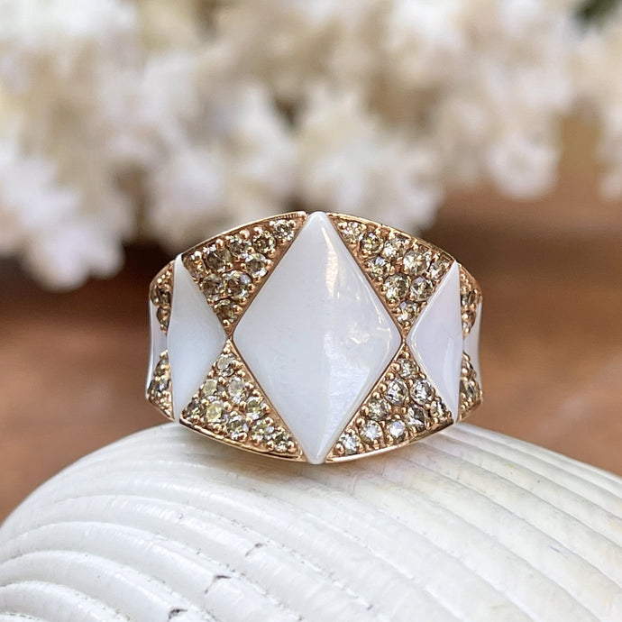 Estate 18KT Rose Gold + White Ceramic Pave Diamond Aura Ring