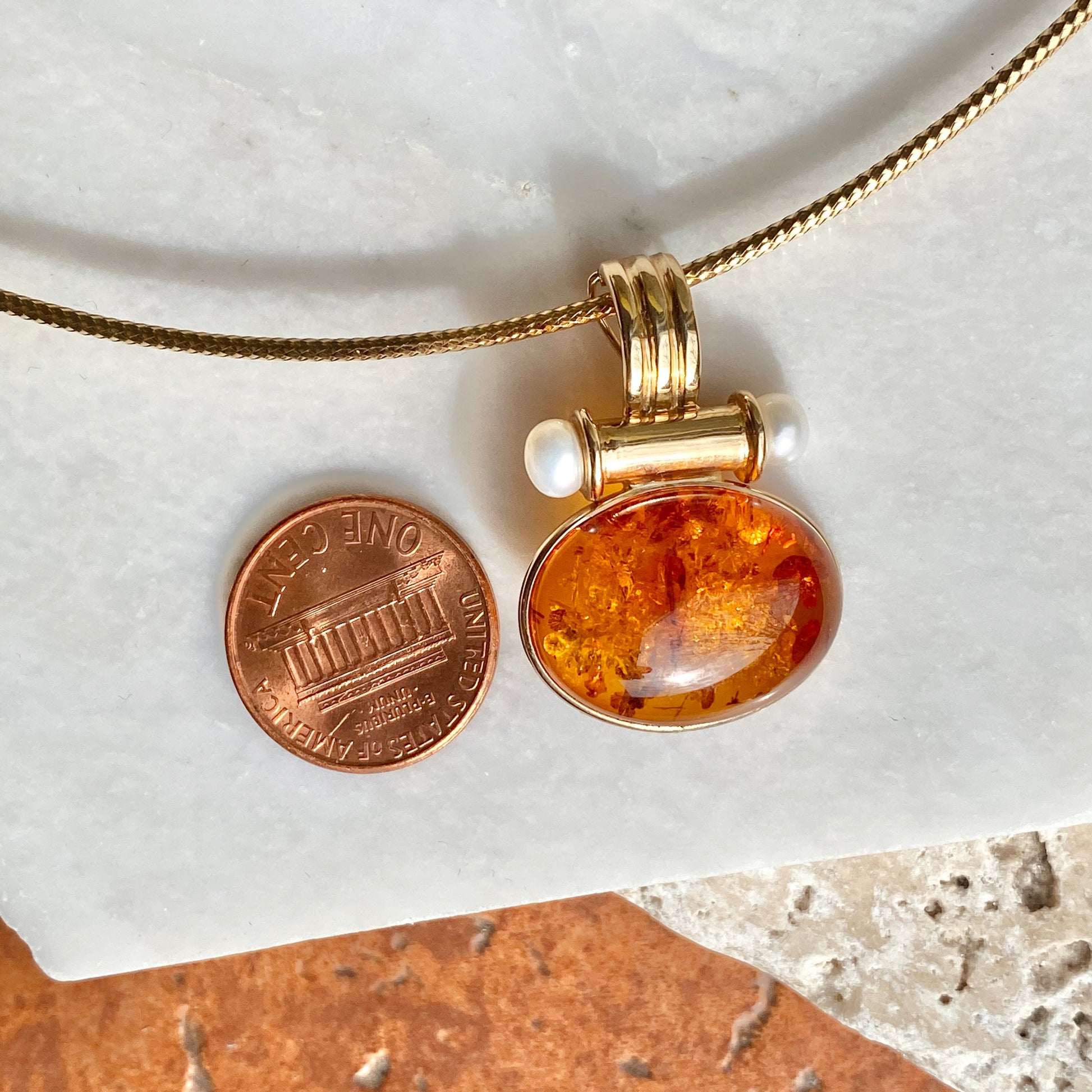 Estate 14KT Yellow Gold Oval Amber + Pearl Pendant Enhancer Omega Clip, Estate 14KT Yellow Gold Oval Amber + Pearl Pendant Enhancer Omega Clip - Legacy Saint Jewelry