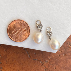 14KT White Gold Diamond Heart + White Pearl Earring Charms, 14KT White Gold Diamond Heart + White Pearl Earring Charms - Legacy Saint Jewelry