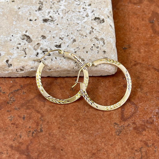 10KT Yellow Gold Satin Diamond-Cut Round Hoop Earrings 25mm