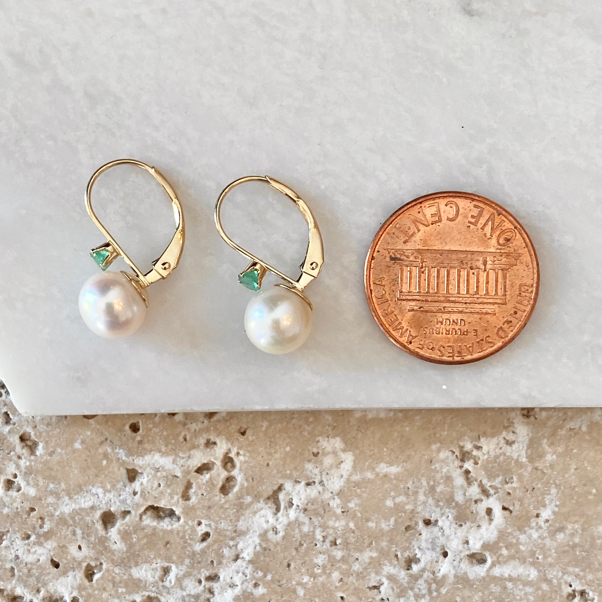14KT Yellow Gold Emerald + Freshwater Pearl Lever Back Earrings, 14KT Yellow Gold Emerald + Freshwater Pearl Lever Back Earrings - Legacy Saint Jewelry