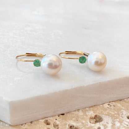 14KT Yellow Gold Emerald + Freshwater Pearl Lever Back Earrings, 14KT Yellow Gold Emerald + Freshwater Pearl Lever Back Earrings - Legacy Saint Jewelry