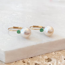 Load image into Gallery viewer, 14KT Yellow Gold Emerald + Freshwater Pearl Lever Back Earrings, 14KT Yellow Gold Emerald + Freshwater Pearl Lever Back Earrings - Legacy Saint Jewelry