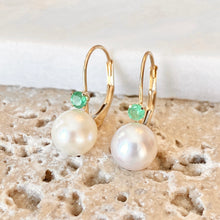 Load image into Gallery viewer, 14KT Yellow Gold Emerald + Freshwater Pearl Lever Back Earrings, 14KT Yellow Gold Emerald + Freshwater Pearl Lever Back Earrings - Legacy Saint Jewelry