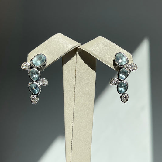 Estate 18KT White Gold Oval Aquamarine + Pave Diamond Drop Earrings