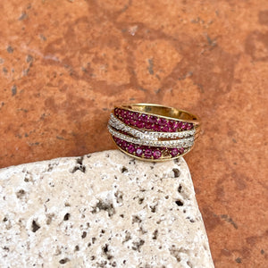 Estate 14KT Yellow Gold Pave Pink Sapphire + Diamond Concave Ring