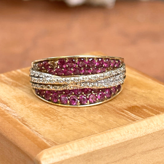 Estate 14KT Yellow Gold Pave Pink Sapphire + Diamond Concave Ring