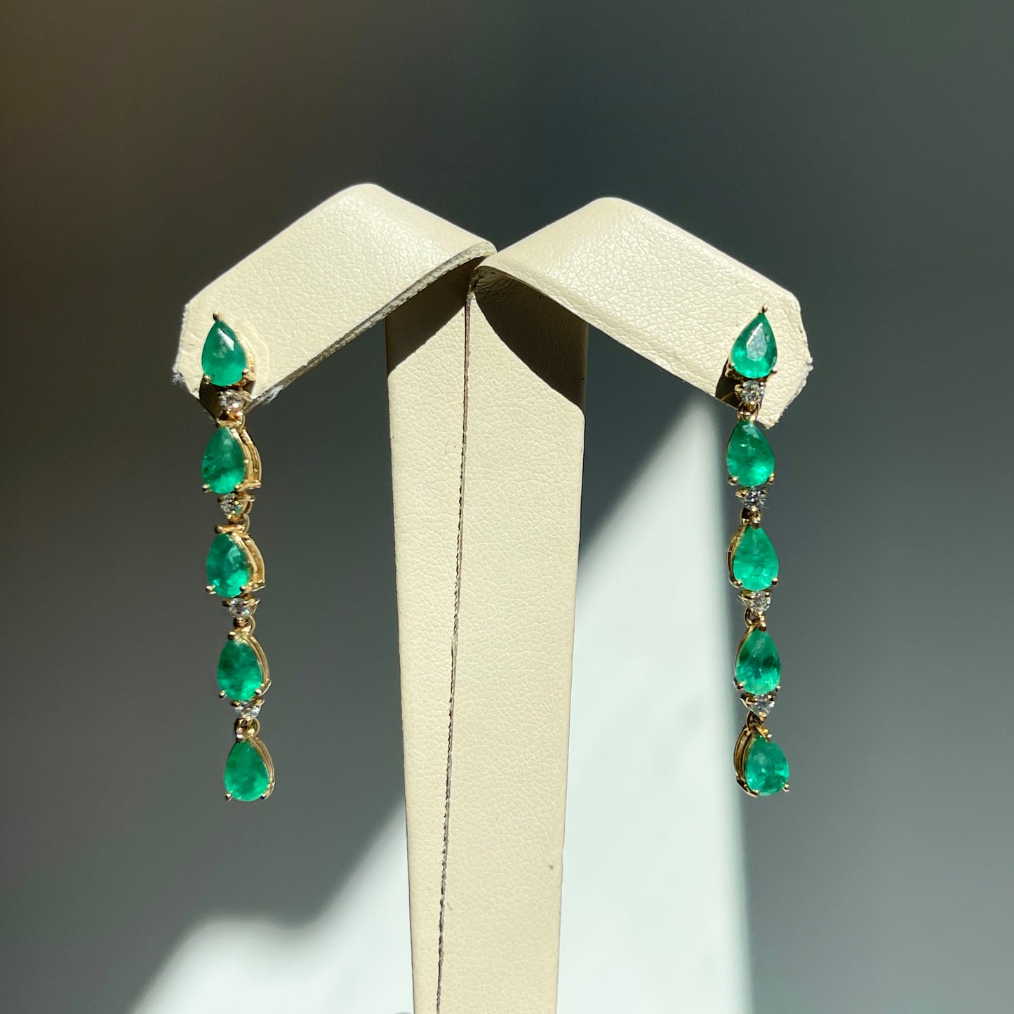 Estate 14KT Yellow Gold Pear Emerald + Diamond Cascading Earrings