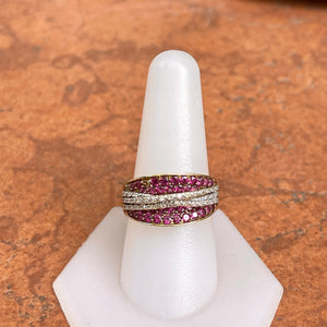 Estate 14KT Yellow Gold Pave Pink Sapphire + Diamond Concave Ring