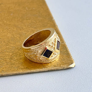 14KT Yellow Gold Byzantine Amethyst + Iolite Cigar Band Ring