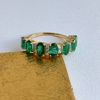 18KT Yellow Gold Oval Emerald + Diamond Half-Eternity Band Ring