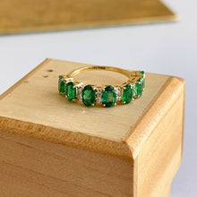 Load image into Gallery viewer, 18KT Yellow Gold Oval Emerald + Diamond Half-Eternity Band Ring