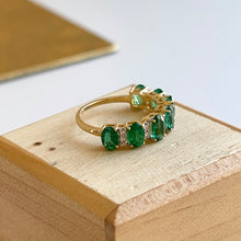 Load image into Gallery viewer, 18KT Yellow Gold Oval Emerald + Diamond Half-Eternity Band Ring
