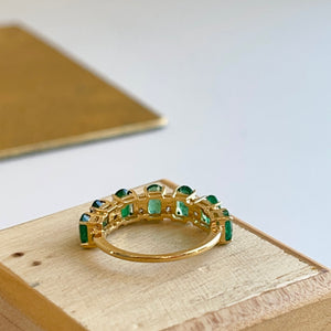 18KT Yellow Gold Oval Emerald + Diamond Half-Eternity Band Ring