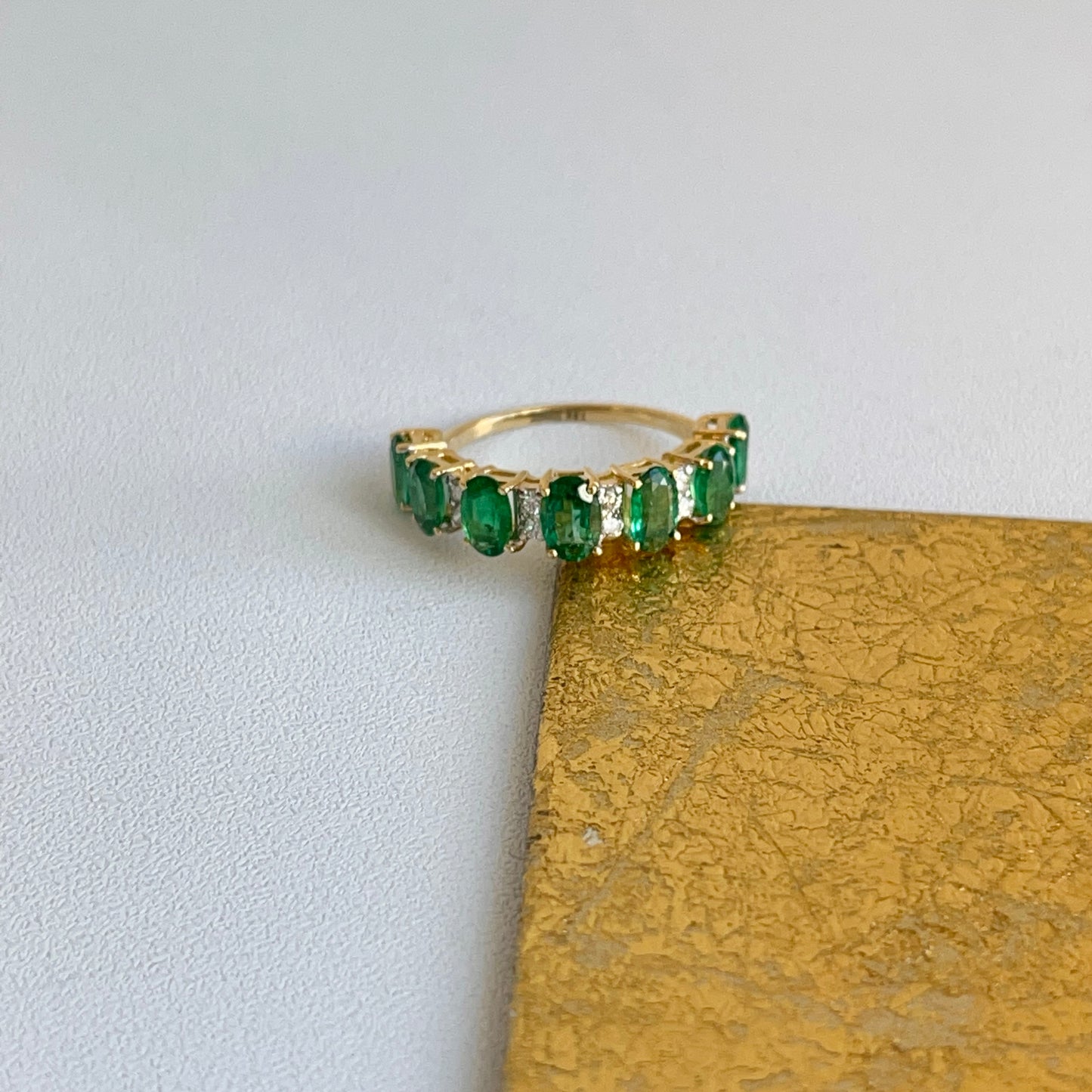 18KT Yellow Gold Oval Emerald + Diamond Half-Eternity Band Ring