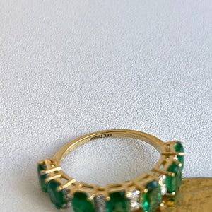 18KT Yellow Gold Oval Emerald + Diamond Half-Eternity Band Ring