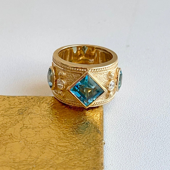 14KT Yellow Gold Byzantine Square Blue Topaz + Diamond Cigar Band Ring