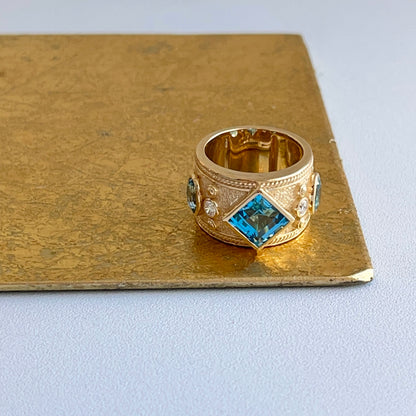 14KT Yellow Gold Byzantine Square Blue Topaz + Diamond Cigar Band Ring