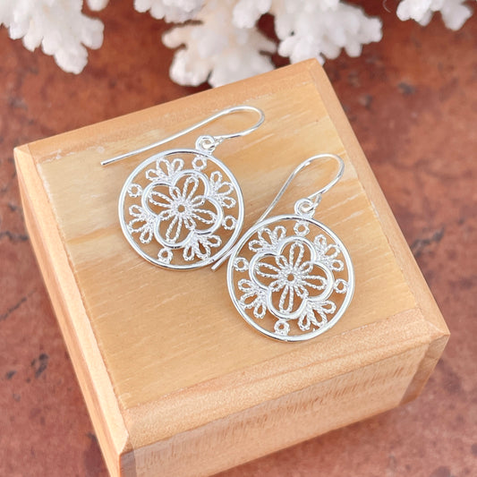 Sterling Silver Filigree Floral Shepherd Hook Earrings