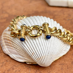 Estate 14KT Yellow Gold Round Chain Link Blue Lapis Toggle Bracelet