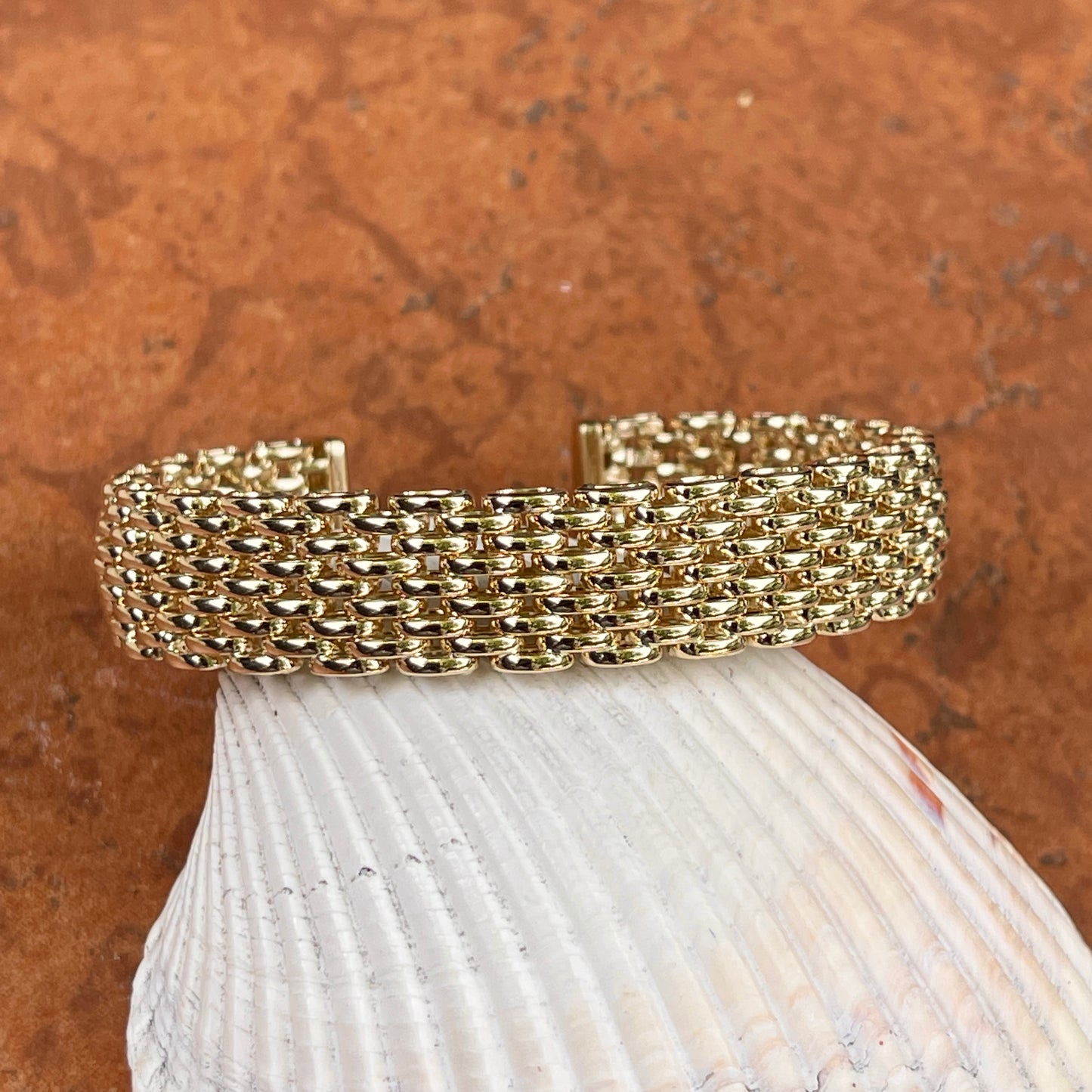 14KT Yellow Gold Mesh Soft Cuff Link Bangle Bracelet 13mm