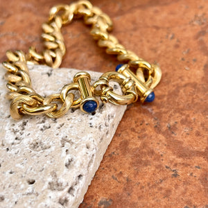 Estate 14KT Yellow Gold Round Chain Link Blue Lapis Toggle Bracelet