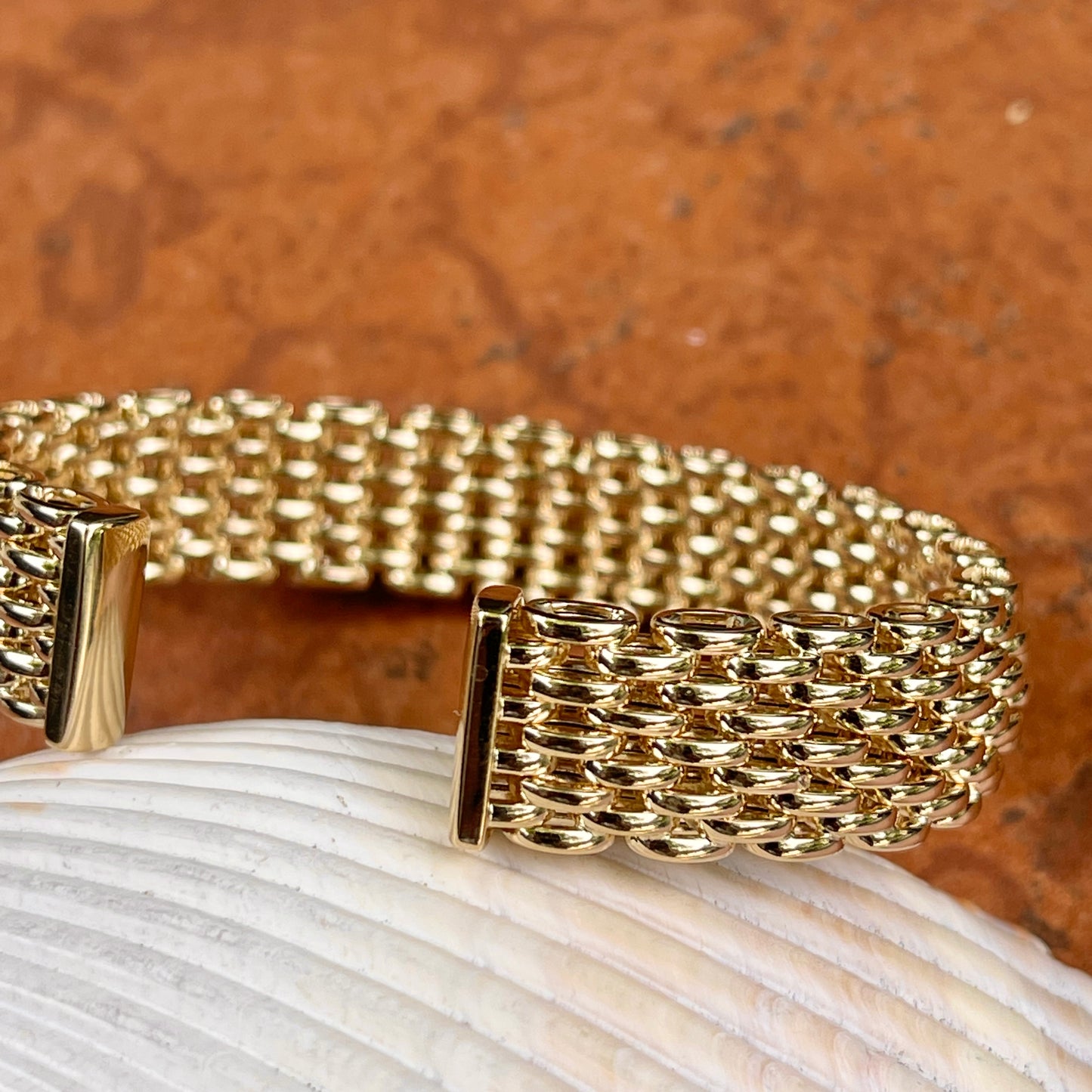 14KT Yellow Gold Mesh Soft Cuff Link Bangle Bracelet 13mm