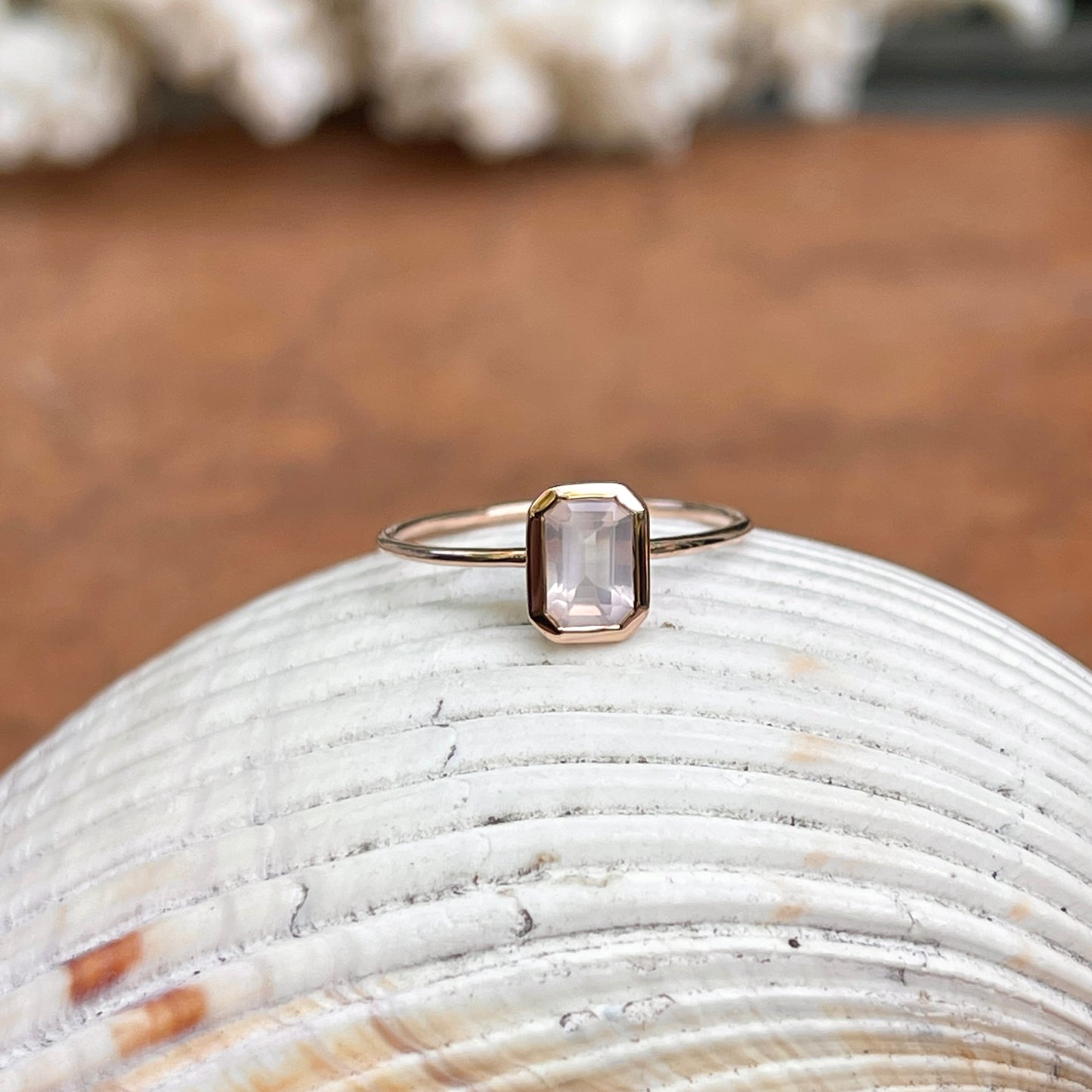 14KT Rose Gold Octagon Bezel Pink Quartz Ring