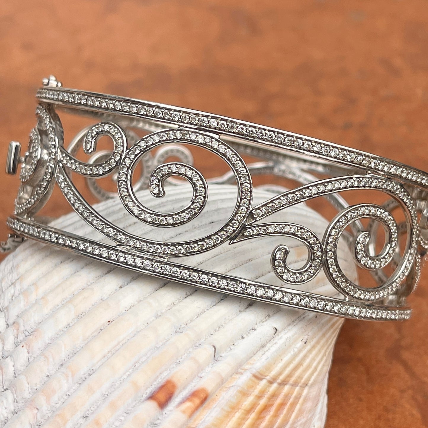 Estate 14KT White Gold 5.00+ Carat Pave Diamond Filigree Swirl Cuff Bracelet